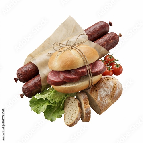 Assorted Cured Salami Sausages with Rustic Bread and Fresh Cherry Tomatoes on a Clean White Background