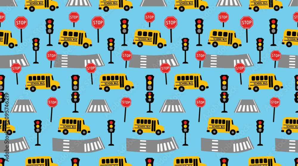 Naklejka premium Seamless pattern with school bus traffic lights and crosswalks on blue background.