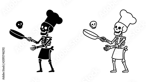 Foto Skeleton Chef Juggling Skulls: A quirky illustration depicts a skeleton chef, dressed in a chef's hat and apron, skillfully juggling skulls with a frying pan