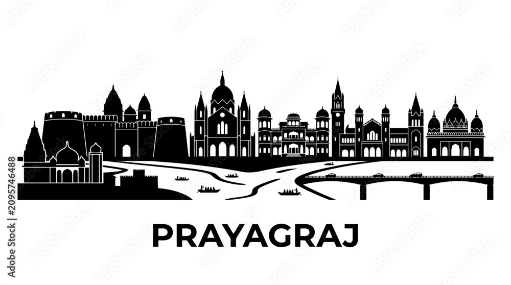 Obraz premium Prayagraj skyline silhouette, Ganga river, ancient forts, temples, modern bridge