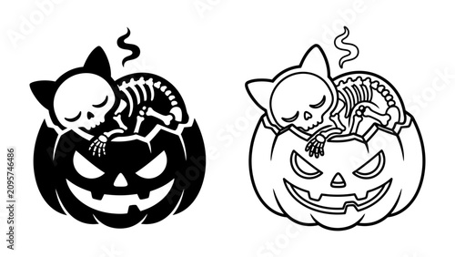 Foto Halloween Kitty Skeleton in Pumpkin: A cute Halloween-themed illustration features a sleeping skeleton cat nestled inside a carved pumpkin, offering a charmingly spooky design