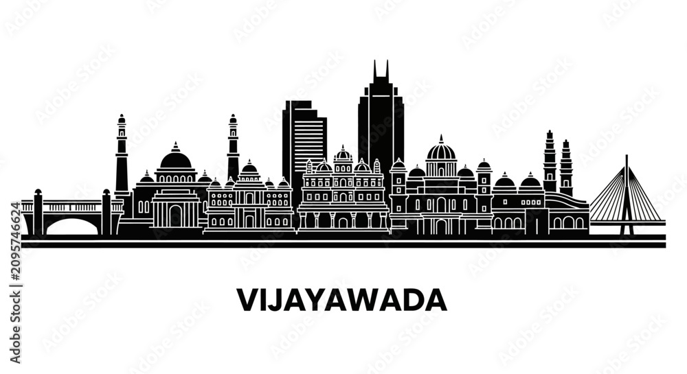 Obraz premium Vijayawada City Skyline Silhouette - Famous Indian Landmarks in Black and White