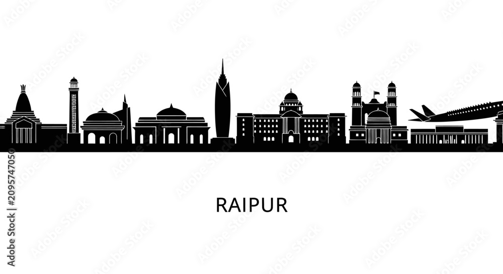 Obraz premium Raipur Skyline Silhouette: Landmarks and Airplane Vector Art