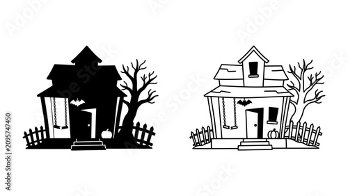 Canvastavla Spooky Halloween House Silhouette: Two charming illustrations of a haunted house, one in silhouette and the other as an outline, ready to evoke eerie Halloween vibes with their crooked fences