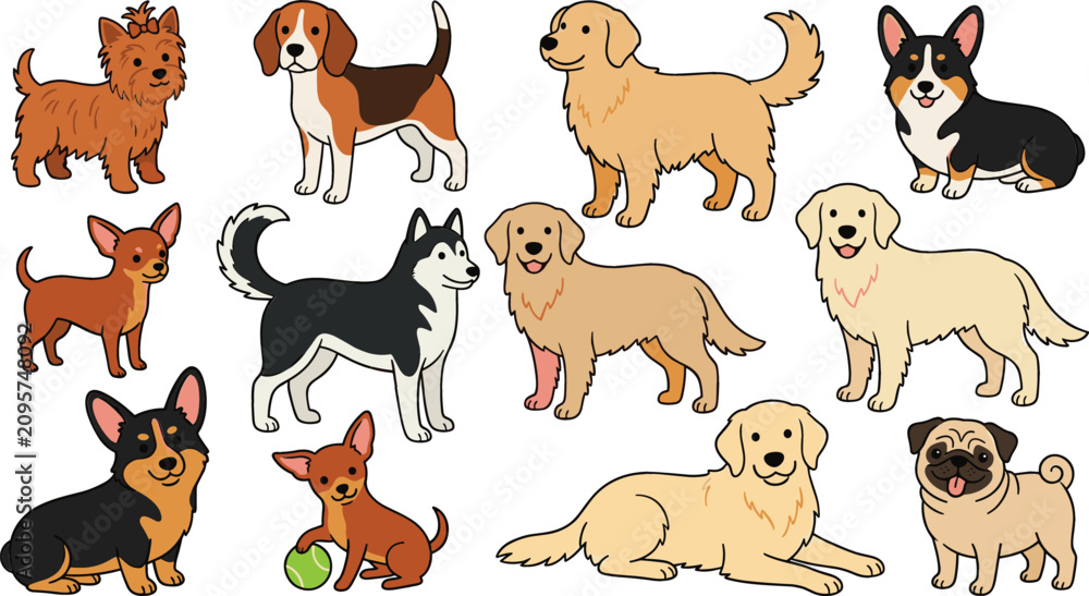Fototapeta premium Cute Dog Breed Vector Illustration Set Featuring Popular Puppies Like Golden Retriever Husky Corgi Beagle Pug And Chihuahua Cartoon Graphic Designs