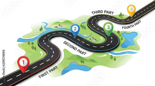 Isometric Winding Road Infographic Roadmap Vector Set with Wavy Highway Path Timeline Milestones Navigation Location Map Pins and Progress Stepper Steps