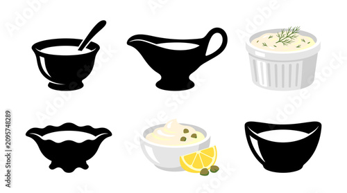 Collection of Tartar Sauce Vector Illustrations in Elegant Bowls, Gravy Boats and Sauce Dishes with Lemon and Herb Garnishes, Flat Editable Design, Isolated on White Background