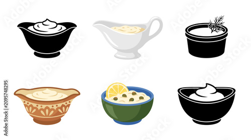 Collection of Tartar Sauce Vector Illustrations in Elegant Bowls, Gravy Boats and Sauce Dishes with Lemon and Herb Garnishes, Flat Editable Design, Isolated on White Background
