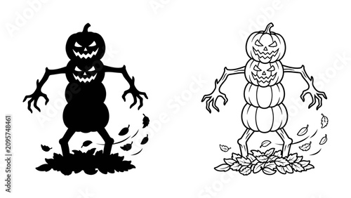 Foto Spooky Stacked Pumpkin Man: Two illustrations depict a ghoulish figure made of stacked pumpkins with carved jack-o'-lantern faces and spindly arms and legs, surrounded by scattered autumn leaves