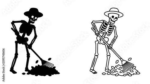 Photos Skeleton Raking Leaves: Two stylized illustrations of a skeleton character wearing a hat, actively raking a pile of fallen leaves