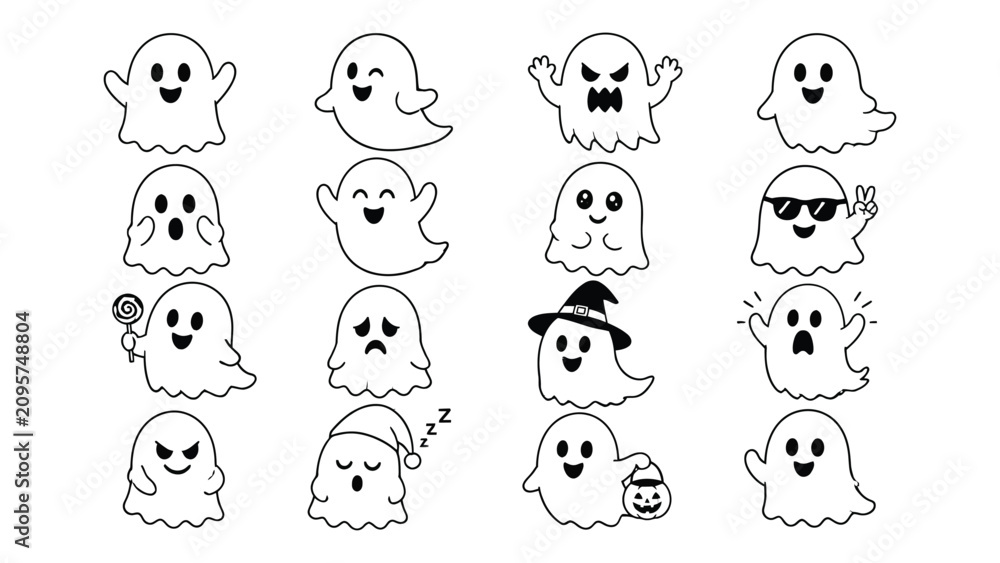 Obraz premium Halloween ghost characters with different emotions and accessories