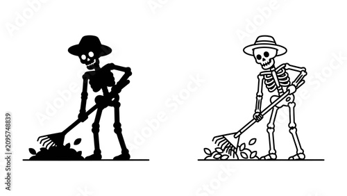 Photography Skeleton Raking Leaves: Two stylized skeletons, one in silhouette and the other a line drawing, wear hats and use rakes to gather fallen leaves, suggesting autumn chores or a spooky gardening theme