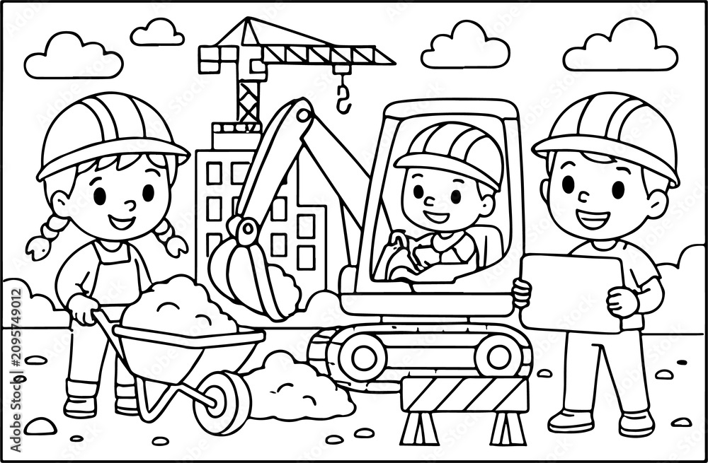 Obraz premium costruzione, contorno di cartone animato disegnato a mano Line Art illustrazione doodle art pagina da colorare per bambini