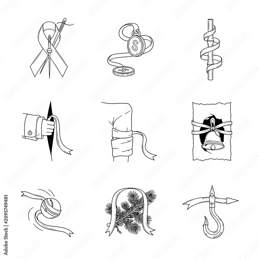 Obraz premium A set of black and white line art vector illustrations featuring espionage, ninja, or secret agent themed objects, including a needle with ribbon, coins, wrapped arm bandage, a bell, and a grappling h