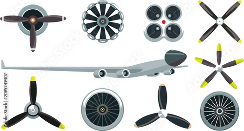 Fotografía Aircraft Propellers and Turbine Engines Vector Set with Airplane Body and Divers