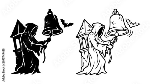 Fotografía Grim Reaper Ringing Bell: A hooded, cloaked figure resembling the Grim Reaper stands beside a gothic bell tower, ringing a bell while a bat flies nearby, creating an ominous atmosphere