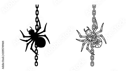 Photos Spider Climbing Chain: A striking silhouette of a spider and a detailed illustration of another spider both climbing up a metal chain, symbolizing perseverance and determination