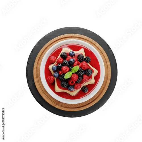 Stylized 3D render of golden pancakes with mixed berries and red sauce, served on a layered round board, perfect for breakfast or dessert illustrations