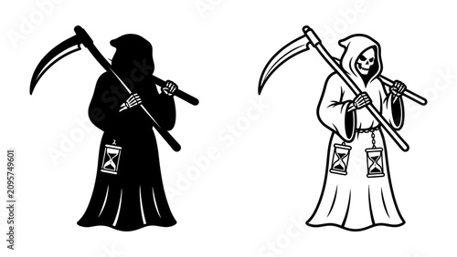 The Grim Reaper and His Hourglass: A stark depiction of the Grim Reaper, complete with a scythe and hourglass, symbolizing the passage of time and the inevitability of mortality.