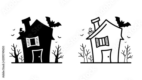 Obraz na płótnie Spooky Halloween Houses: A pair of cartoonish houses, one in silhouette and the other outlined, evoke a playful yet eerie Halloween atmosphere with bats and bare trees