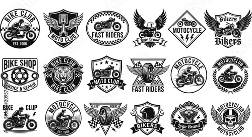 Vintage Motorcycle Emblem Set Featuring Retro Bike Club Badges Custom Chopper Logos and Biker Insignias with Eagles Skulls and Wings For Apparel Design