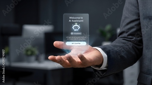 Welcome to AI Assistant Interface with Get Started Button, Virtual Chatbot Onboarding Screen, Business Automation, Digital Workspace, Artificial Intelligence Technology