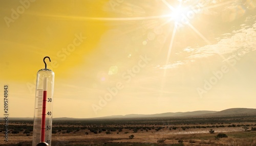 Thermometer showing high temperature in hot desert under bright sunny sky climate change.