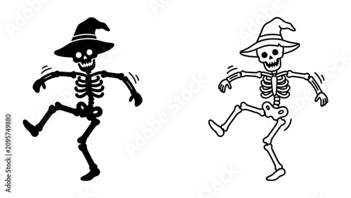 Konstfotografi Dancing Skeletons with Witch Hat: Two whimsical skeletons, adorned with pointed witch hats, are captured in a lively, spooky dance, ready to celebrate Halloween with a playful, macabre flair