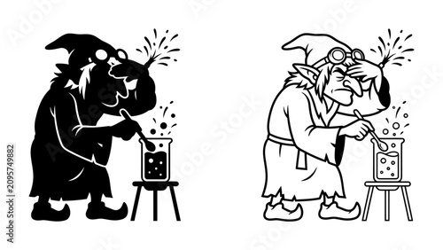 Canvastavla Alchemy on Display: Two distinct illustrations, one a silhouette and the other an outline, depict a whimsical wizard engrossed in an alchemical experiment with a bubbling beaker and sparks flying