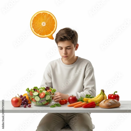 Thoughtful teenage boy contemplating healthy food choices with an orange thought bubble