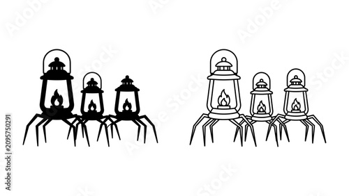 Foto Spooky Lantern Spiders: A collection of three stylized spiders with lantern-shaped bodies, featuring a dark silhouette and a white outline version, evoking a sense of mysterious Halloween delight