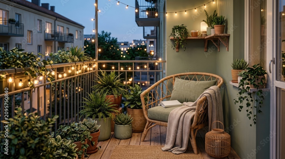 Fototapeta premium Cozy balcony outdoor living space with wicker chair and soft lighting. Stylish urban terrace relaxation area featuring warm string lights and home...