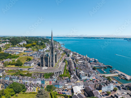 Aerial view of Cobh and Saint Colemans Cathedral in Cork County, Ireland
