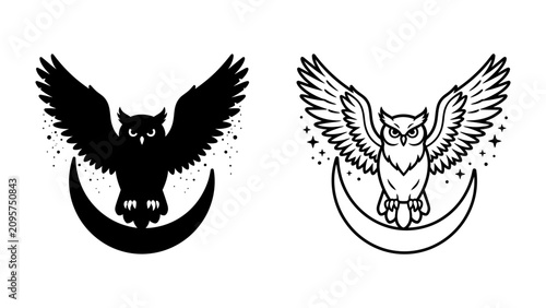 Cuadro en lienzo Mystic Owl on Crescent Moon: A stylized owl with outstretched wings, rendered in both silhouette and outline, perches upon a crescent moon adorned with stars