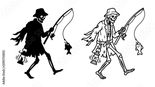 Tableau sur toile Skeleton Fisherman: A macabre yet whimsical illustration features a skeleton dressed in ragged clothing and a hat, holding a fishing rod with a fish caught on the line