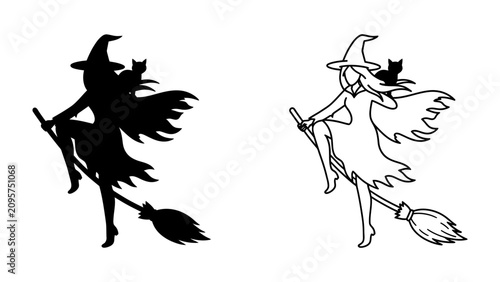 Canvastavla Witch on Broom with Cat Silhouette and Outline