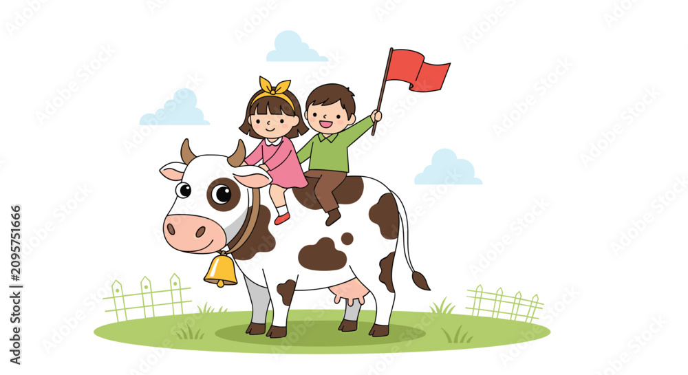 Fototapeta premium Little boy and girl sitting together on the back of a friendly spotted cow with a bell in a peaceful green farm pasture.