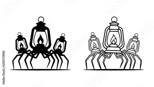 Konstfotografi Spider Lanterns: A collection of stylized spider-like lanterns, with flames flickering within their glass enclosures, cast an eerie yet captivating silhouette