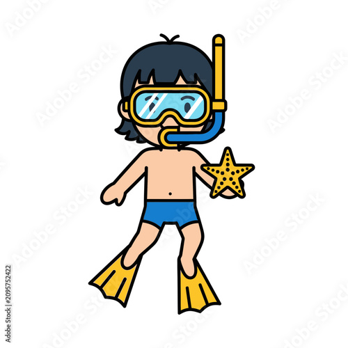 Young boy in snorkeling gear holding a starfish.