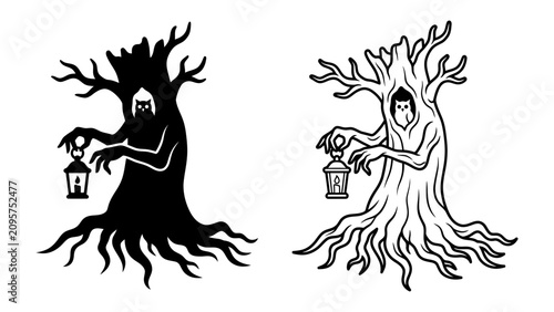 Foto Creepy Tree Monster with Lantern: A spooky, anthropomorphic tree monster with glowing eyes and gnarled branches clutches a lantern, casting an eerie shadow