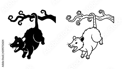 Картината върху платно Opossum Hanging from Branch: Two graphic illustrations of an opossum hanging from a tree branch, one in silhouette and the other as a line drawing, showcasing its playful and agile nature