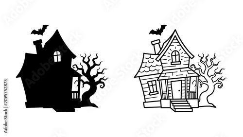 Obraz na płótnie Spooky Halloween House Duo: A pair of haunted houses, one in silhouette and the other detailed, stand ominously with spooky trees and bats, evoking a classic Halloween atmosphere