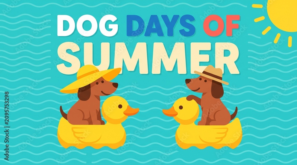 Fototapeta premium Two dachshunds in yellow inflatable ducks with hats on turquoise water with wavy pattern in sunny summer day for greeting card