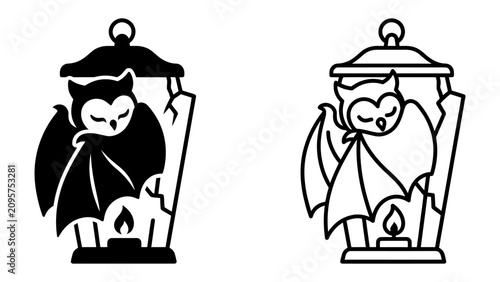 Foto Bat Lantern Silhouette and Outline: A cute bat character with wings folded rests inside a vintage lantern, illuminated by a tiny candle flame