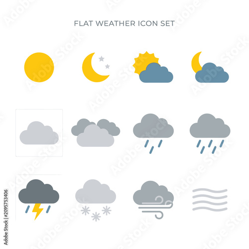 Obraz na płótnie Flat weather icons collection, sun, moon, clouds, rain, snow, wind, lightning, i