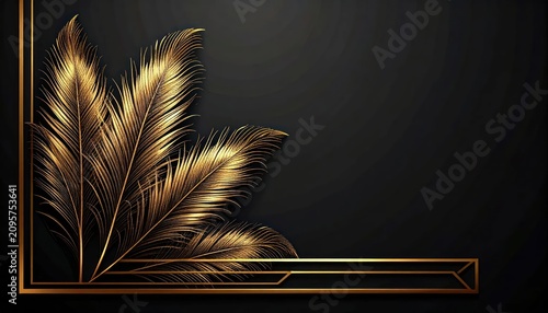 Elegant gold feather corner border on black background
