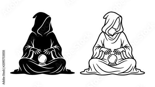 Mystic Seer with Crystal Ball: A hooded figure, depicted in both silhouette and line art, meditates with a glowing crystal ball poised between their hands, hinting at the mysteries of the future.