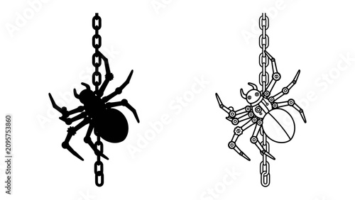 Cuadro en lienzo Spider hanging on chain, Black and white illustration: A spider rendered in both silhouette and line art, suspended from a heavy chain, evokes a sense of suspense and the macabre
