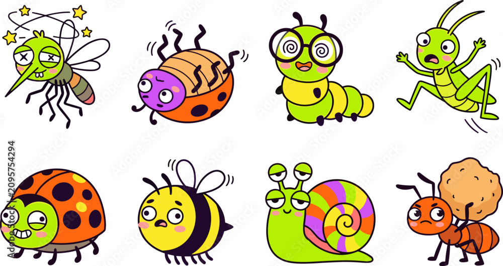 Obraz premium Cute insect vector emoji set featuring funny cartoon bug characters dizzy mosquito upside ladybug scared grasshopper and ant isolated on white background