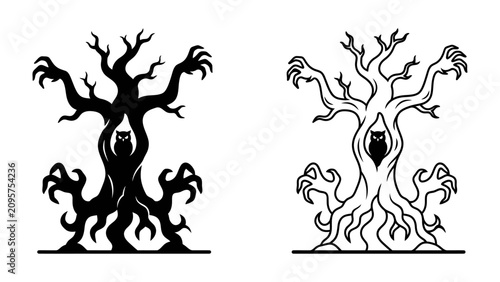 Fotografie Spooky Silhouette of a Haunted Tree: An eerie, twisted tree silhouette with claw-like branches and a haunting owl figure nestled within its trunk, presented in both black and white
